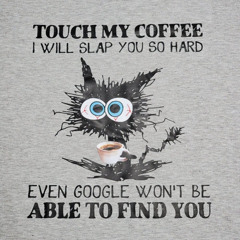 Lilicloth "Touch My Coffee..." Frizzled Cat LS Grey Tee - Size Large